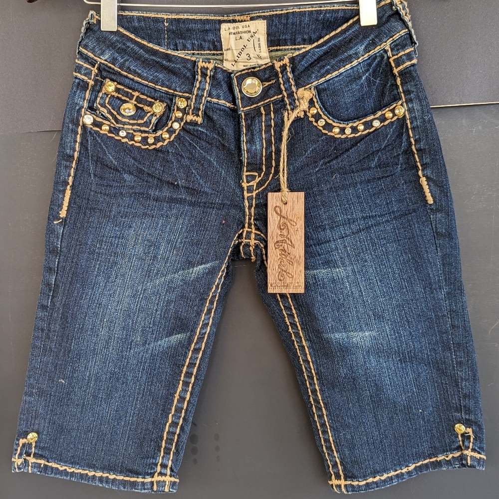 NWT LA Idol USA Juniors Denim Shorts Size 3 Slim Rhinestones Bling Gold